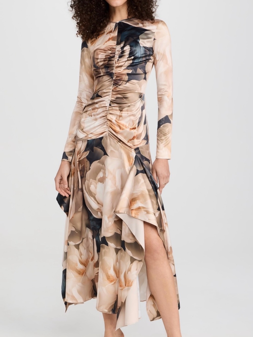 Aknvas Ruched Long-Sleeve Floral Midi Dress in Beige and Black